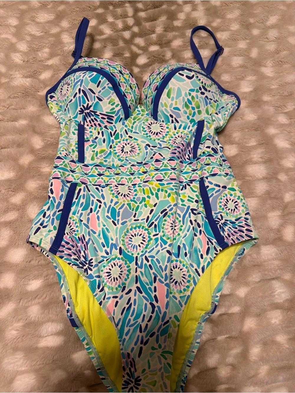 Lilly Pulitzer Aqua Floral Molded Cup One-Piece Swimsuit with Navy Trim - Picture 1 of 1